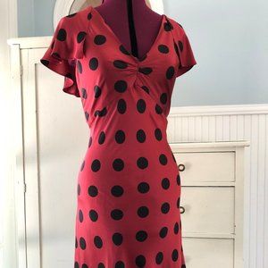 Original Betsey Johnson Flowy Satin dress, Wine Red and Black polka dots, Size 6